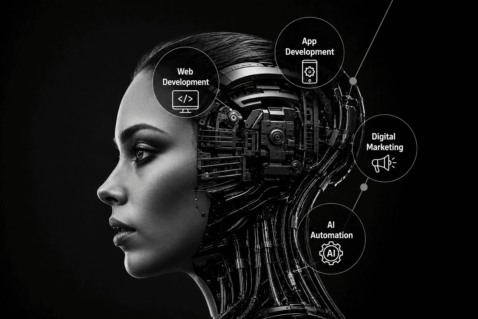 AI-powered software engineering, visualized as a human-android hybrid profile with connected service capabilities